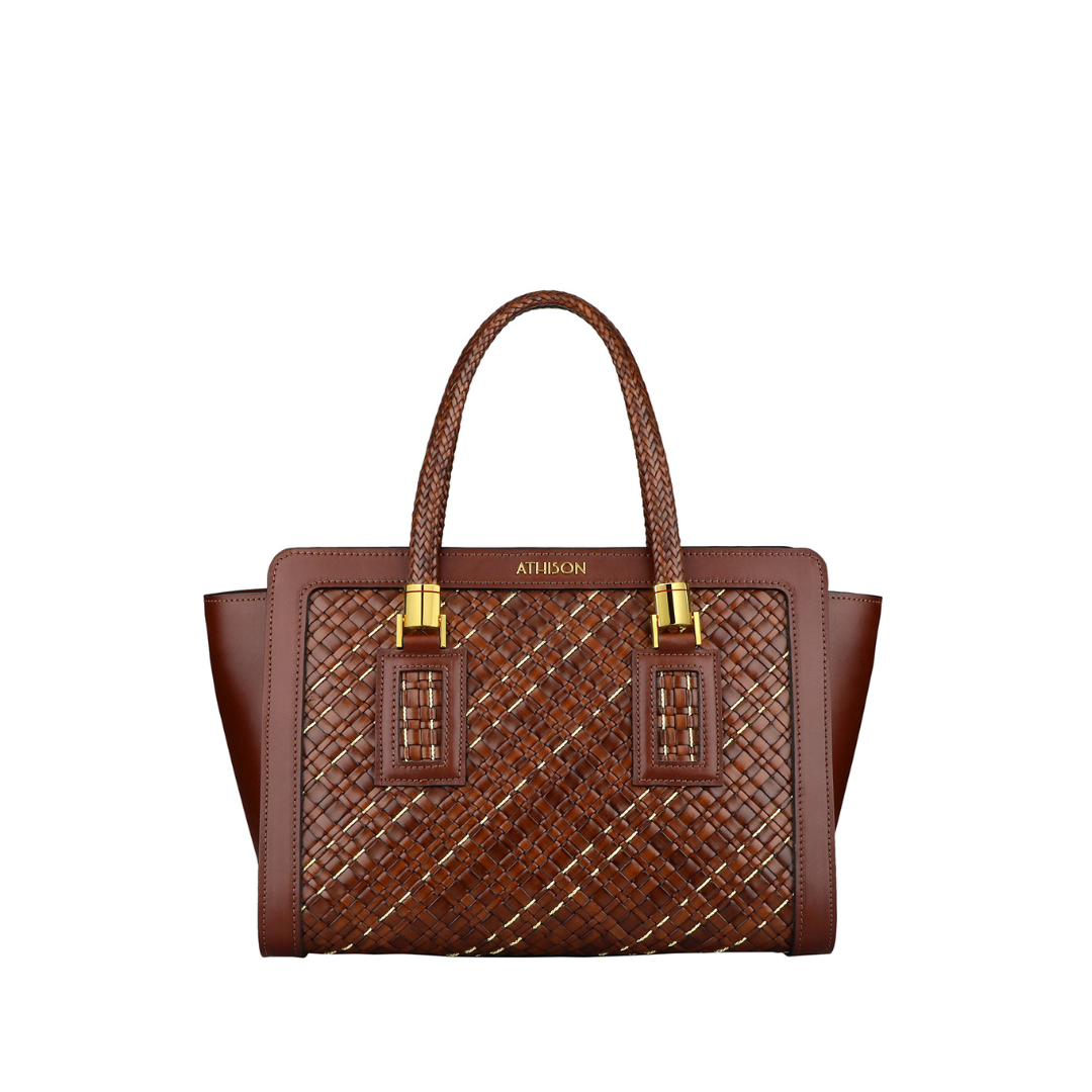 Braided Leather and Copper Handbag "Cistella" Brown