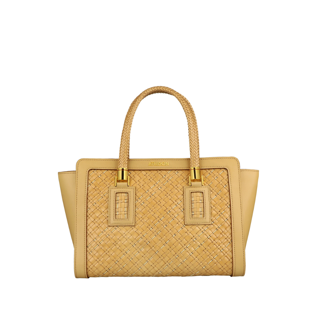 Sac à main en cuir tressé et cuivre "Cistella" naturel