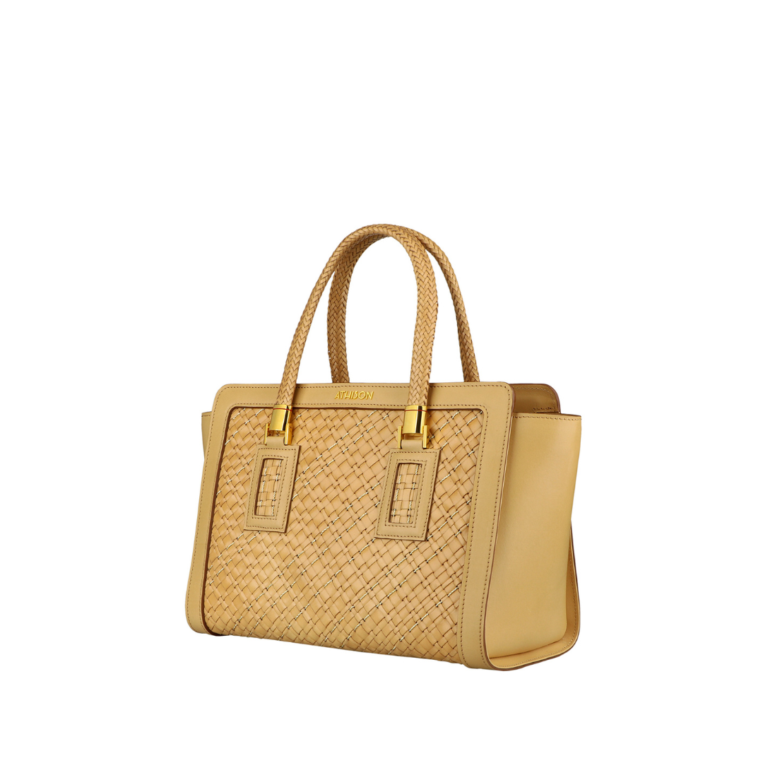 Sac à main en cuir tressé et cuivre "Cistella" naturel