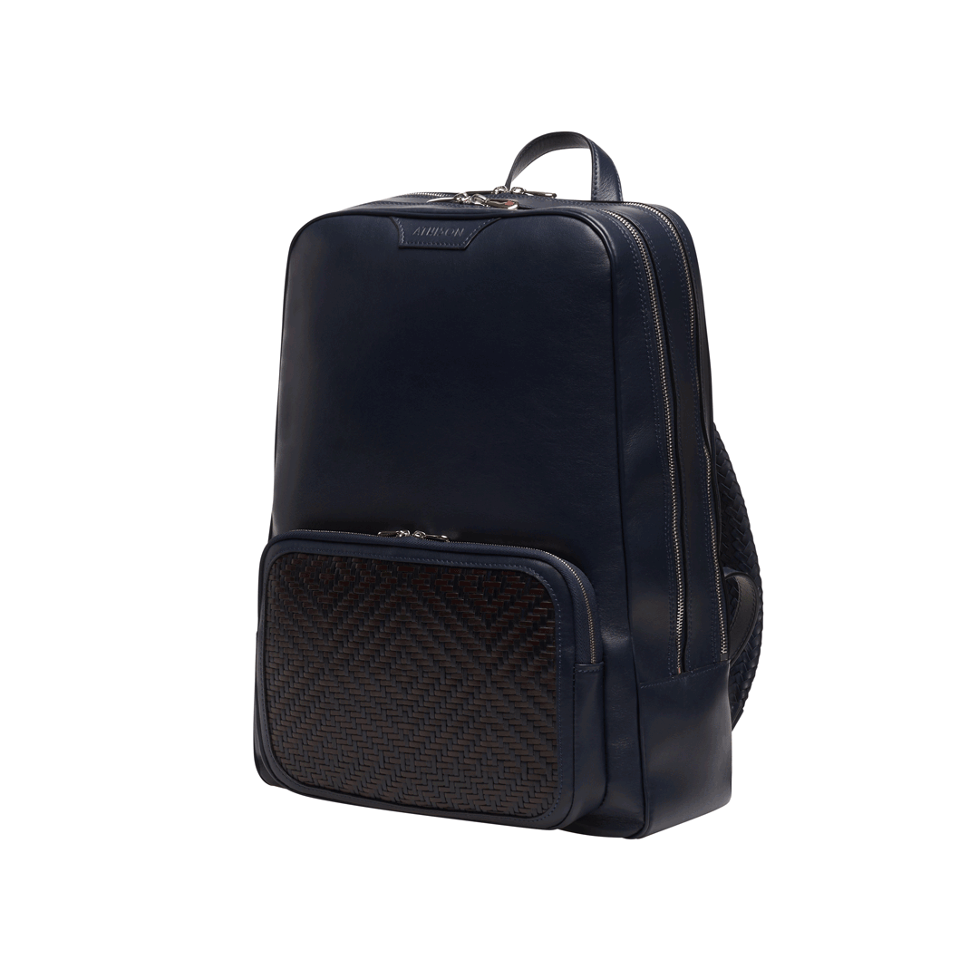 Braided Leather Backpack "Dufour" Navy and Burgundy