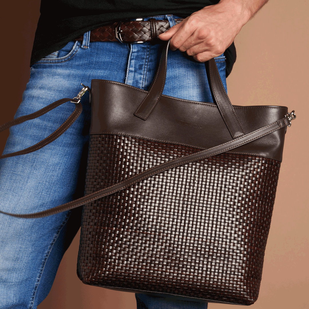 Braided Leather Tote Bag "Morasco" Dark Brown
