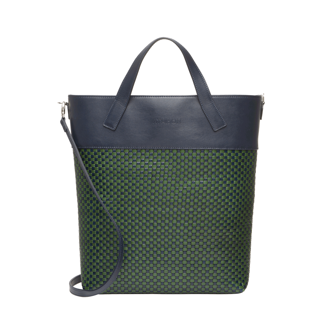 Braided Leather Tote Bag "Morasco" Navy and Green