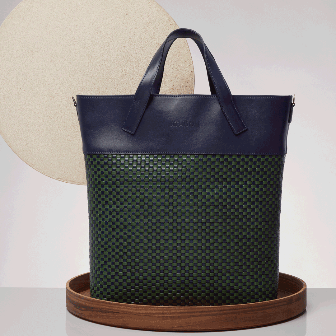 Braided Leather Tote Bag "Morasco" Navy and Green