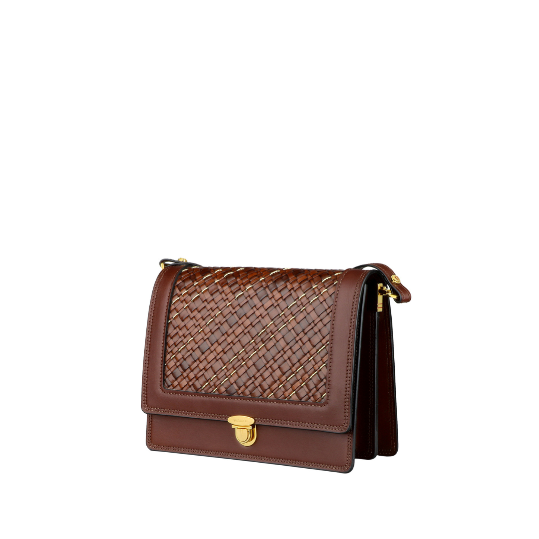 Braided Leather and Copper Crossbody Bag “Quadro” Brown