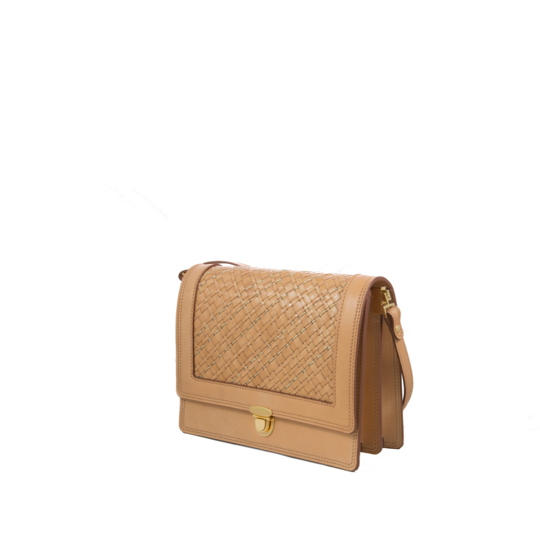Braided Leather and Copper Crossbody Bag “Quadro” Natural