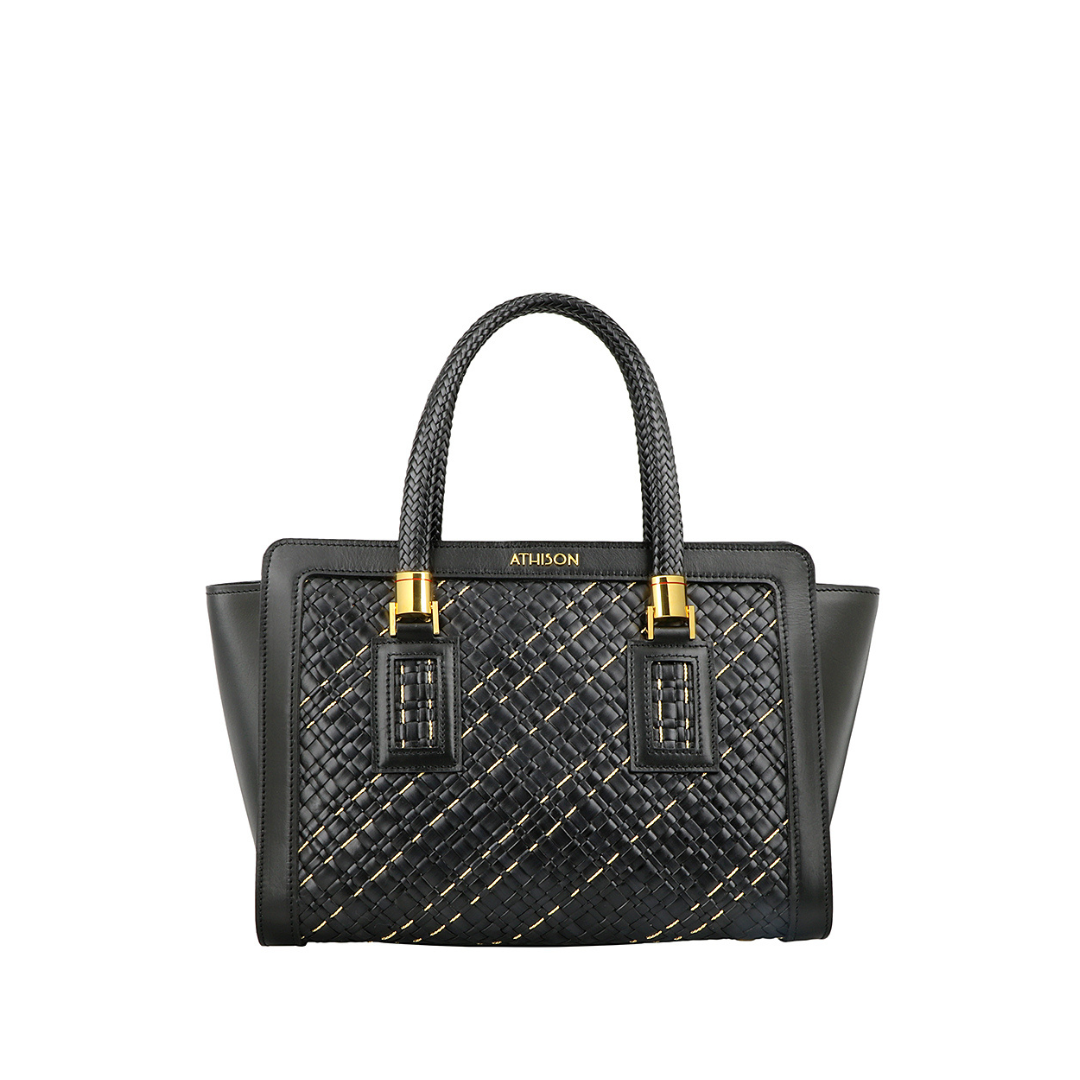 Braided Leather and Copper Handbag "Cistella" Black