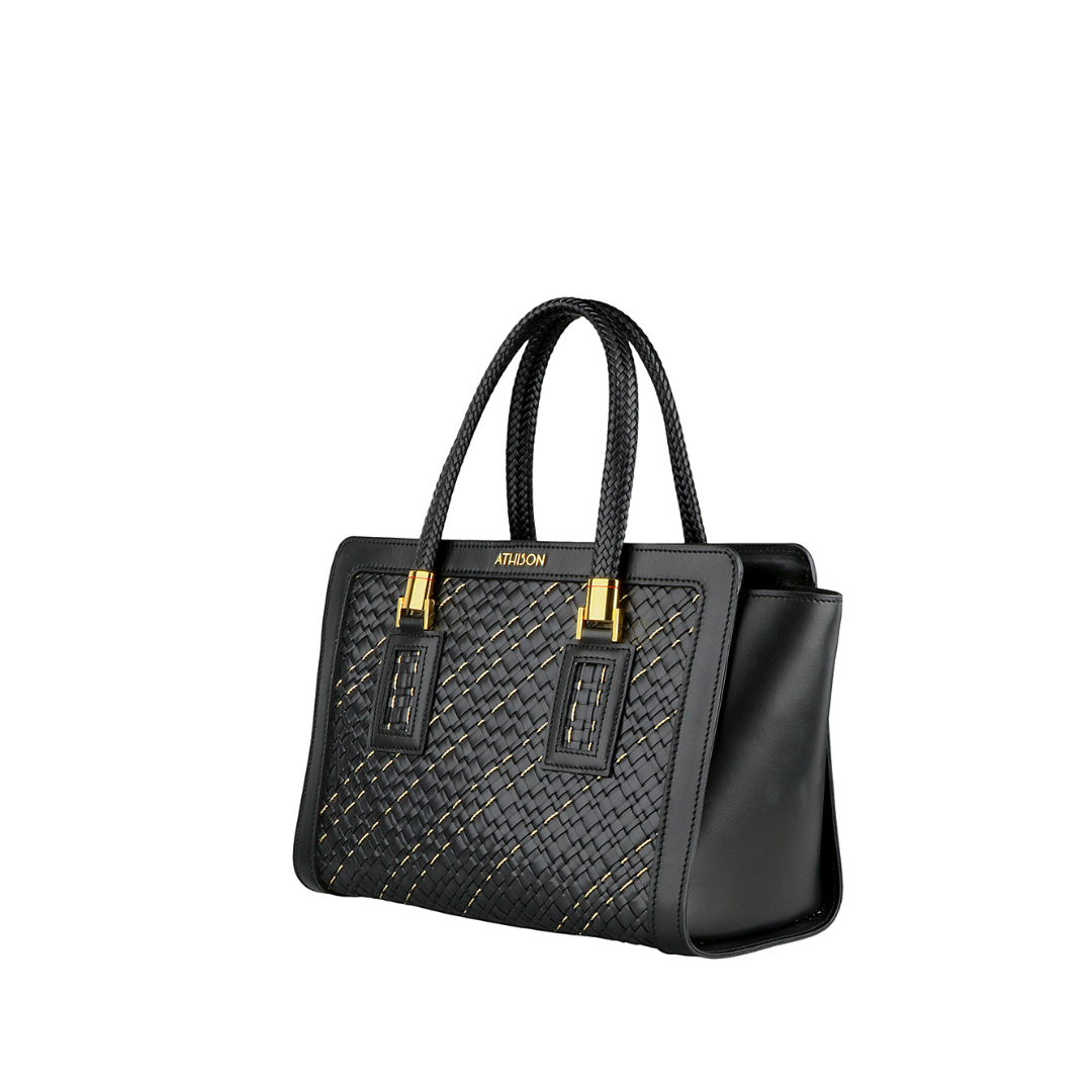 Braided Leather and Copper Handbag "Cistella" Black