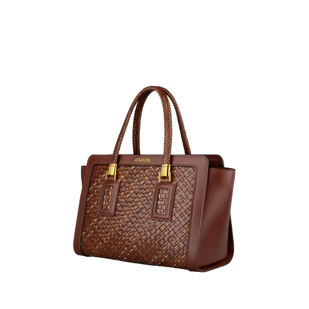 Braided Leather and Copper Handbag "Cistella" Brown