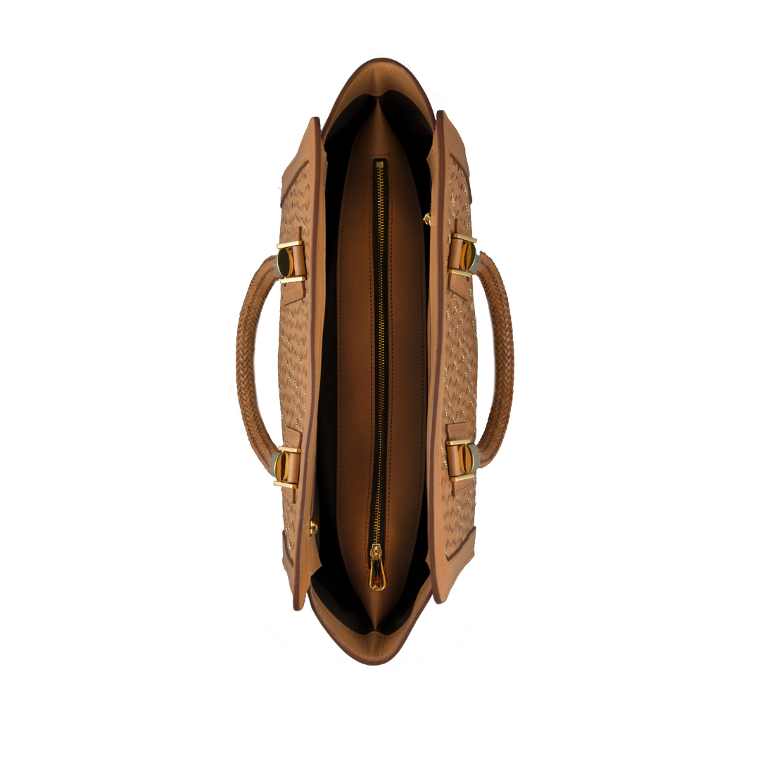 Braided Leather and Copper Handbag "Cistella"